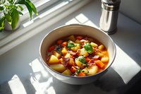 Hearty vegetable soup with potatoes, carrots, and fresh herbs in white ceramic bowl on windowsill, natural sunlight casting shadows, homestyle comfort food.
