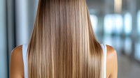 Rear view of woman with long straight blonde hair showing healthy shine and smooth texture in modern interior setting for beauty and haircare concepts.