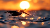 Pelican flying low over ocean water at golden sunset with dramatic orange sky and sparkling water reflections creating magical seascape moment.