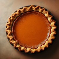Fresh baked pumpkin pie with flaky golden brown crust and smooth spiced filling, photographed from above on brown background for seasonal holiday menu.
