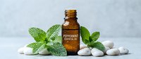 Amber glass bottle of peppermint essential oil surrounded by fresh mint leaves and white stones on marble surface for aromatherapy and wellness.