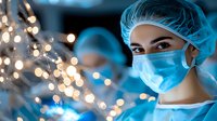 Medical professional in surgical mask and cap looking at glowing particles in laboratory setting with blue tinted lighting and bokeh effect in background.