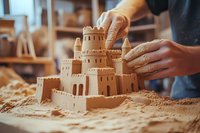 Hands sculpting detailed sand castle with towers and walls on beach. Artistic close-up capture shows intricate architectural elements and fine sandy texture.