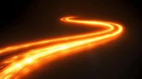 Glowing orange light trail curves through dark background creating dynamic motion effect, bright energy path with luminous streaks and particles for technology designs.