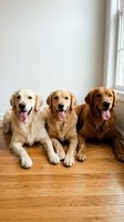 Three golden retriever dogs sitting together on hardwood floor by window with tongues out looking happy and friendly indoors at home.
