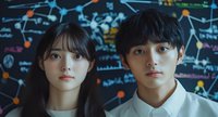 Young Asian students in white uniforms standing against blackboard with colorful scientific formulas, graphs and molecular structures. Education and STEM concept background.