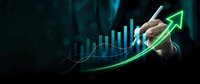 Business professional drawing upward growth arrow over financial charts and graphs showing positive market trends and investment success analytics.