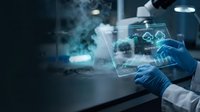 Scientist in blue gloves examining holographic data visualization with molecular structures and graphs in modern laboratory environment for research and development.