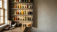Rustic kitchen pantry with wooden shelves displaying colorful spice jars and herbs in glass containers creating organized storage solution.
