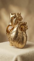 Golden anatomical heart sculpture with ornate decorative patterns on neutral background for medical education and artistic design projects.