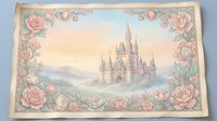 Fairytale castle with pink roses border frame on parchment background. Fantasy medieval palace with towers and spires surrounded by floral decorative elements.