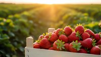 Fresh ripe strawberries in wooden crate at sunset farm field. Organic berry harvest concept for healthy eating and agriculture marketing materials.