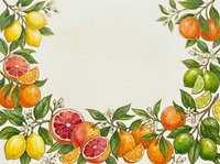 Citrus fruits frame with lemons, oranges, grapefruits and limes arranged with green leaves and white blossoms on cream background for culinary and wellness designs.