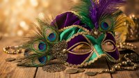 Ornate carnival mask with peacock feathers and golden beads on wooden surface with warm bokeh lights for Mardi Gras celebration and masquerade party decor.