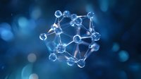 Glowing blue molecular structure with connected nodes floating on dark background, scientific visualization of atomic bonds and chemical compounds.