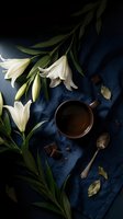 White lilies with coffee cup on dark blue fabric background creating elegant morning still life composition for lifestyle and food photography.