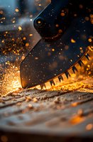 Dramatic close-up of circular saw blade cutting through material with glowing orange sparks and metal debris flying in dark atmospheric setting.