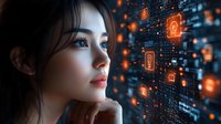 Young Asian woman looking at digital security interface with lock icons and data visualization, contemplating cybersecurity challenges.