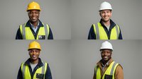 Diverse construction workers in safety gear smiling at camera. Professional team portraits for industrial workplace diversity and teamwork concepts.