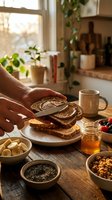 Hands slicing fresh homemade bread on wooden cutting board in cozy kitchen with honey, nuts and morning coffee for healthy breakfast preparation.