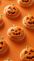 Halloween pumpkin donuts with jack-o-lantern faces on orange background for autumn celebration and spooky treats.