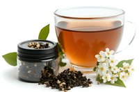 Glass cup of freshly brewed tea with loose dried tea leaves in jar, white spring blossom flowers and green leaves on white background, food photography.