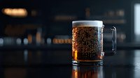 Cold glass mug of light beer with condensation drops on dark background with bokeh lights, close up view showing fresh foam and bubbles.