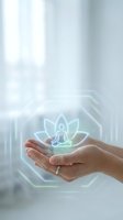 Hands holding glowing lotus flower with meditation figure hologram representing mindfulness, wellness and spiritual healing in modern healthcare setting.