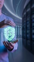Male professional in business attire holding glowing digital security shield with dollar symbol in server room environment, representing cybersecurity, financial protection, and data safety.
