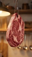 Aged prime beef steak hanging from twine in warm kitchen lighting, showcasing marbled meat texture for culinary and food industry use.