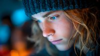 Young blonde woman in knit beanie hat with striking blue eyes and warm lighting creating intimate portrait atmosphere for lifestyle photography.