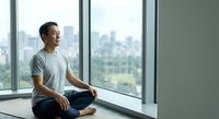 Young Asian man practicing meditation in modern office space with city skyline view through large windows for mindfulness and wellness concepts.