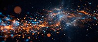 Abstract digital particles and light streaks flowing across dark space with orange and blue glowing elements, suitable for technology, innovation, and digital transformation concepts.