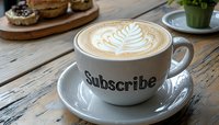 Cappuccino with latte art leaf pattern in white ceramic cup with Subscribe text on wooden table, selective focus on coffee foam design and cup rim.
