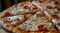 Fresh pepperoni pizza with melted mozzarella cheese and Italian herbs on crispy homemade crust, close-up view showing texture and toppings in warm lighting.