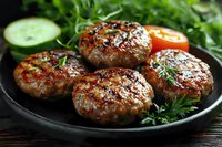 Grilled meat patties with herbs and vegetables on dark plate, ready for barbecue dinner or lunch meal preparation.
