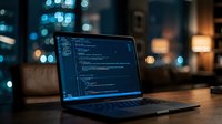 Laptop displaying code on screen in modern office environment with bokeh city lights background. Programming workspace setup for software development projects.