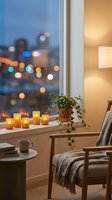 Cozy evening interior with candles on windowsill overlooking blurred city lights, comfortable armchair and houseplant creating warm atmospheric home decor.