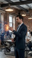 Professional businessman interacting with futuristic holographic interface in modern industrial office with exposed brick walls and pendant lighting.