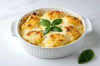 Creamy cauliflower gratin baked in white ceramic dish with melted cheese and fresh basil leaves on white background, comfort food casserole.