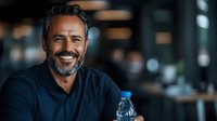 Mature businessman with gray beard wearing navy sweater smiling confidently during break at modern office space, holding water bottle, natural lighting.