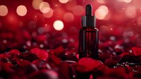 Dark glass dropper bottle on red rose petals background with romantic bokeh lights, luxury cosmetic product photography for beauty and skincare advertising.