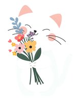 Minimalist cat silhouette with floral bouquet design featuring pastel flowers and whiskers on white background, suitable for greeting cards and nursery decor.