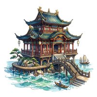 Traditional Asian pagoda structure with ornate curved roofs, wooden bridge, and waterfront setting. Isolated clipart suitable for design projects, merchandise, and digital applications.