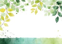 Watercolor green and yellow leaves frame with white space for text, creating fresh botanical border on soft gradient background.