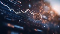 Glowing coronavirus particle with stock market chart showing economic impact during global pandemic, dramatic lighting with bokeh effect in dark blue tones.