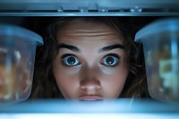 Shocked young woman with wide blue eyes peering from inside refrigerator, expressing surprise and amazement. Suitable for food, diet, nutrition, and lifestyle concepts.