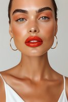 Close-up portrait of young woman with bright red lipstick, glowing bronzed skin, gold hoop earrings and coral eyeshadow against light background. Professional makeup look.