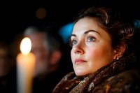 Young Caucasian woman in vintage fur coat illuminated by warm candlelight, looking up with hopeful expression against dark background, creating atmospheric mood.