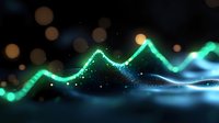Glowing green and blue wave graph with sparkles and bokeh effects on dark background, financial data visualization for business analytics and statistics.
